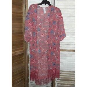 Time and Tru Kimono/Cardigan One Size Floral Lace and Fringe Rose Pink